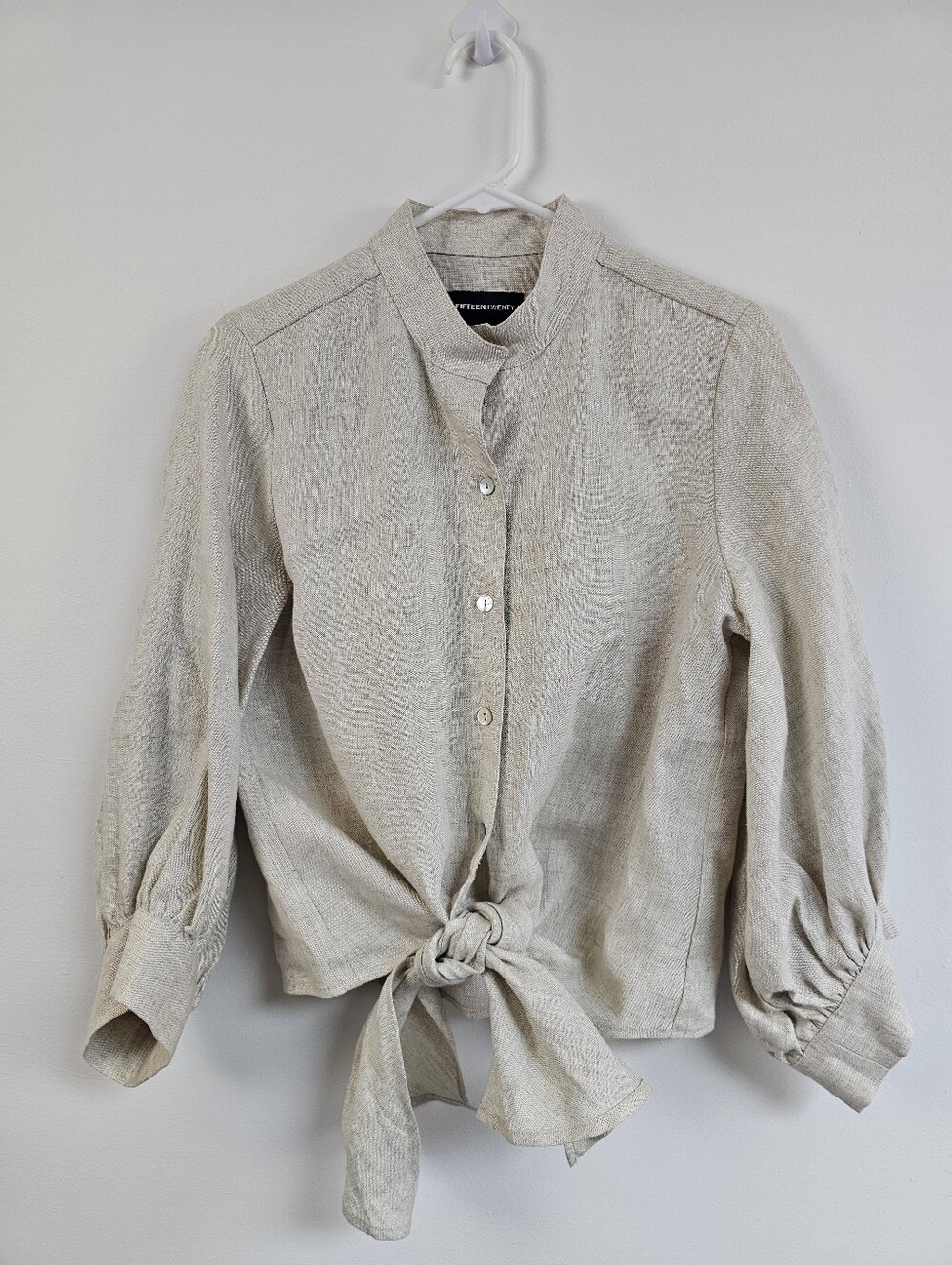 Fifteen Twenty Linen Button-Up Tie-Front Minimalist Puff Sleeve Blouse Top